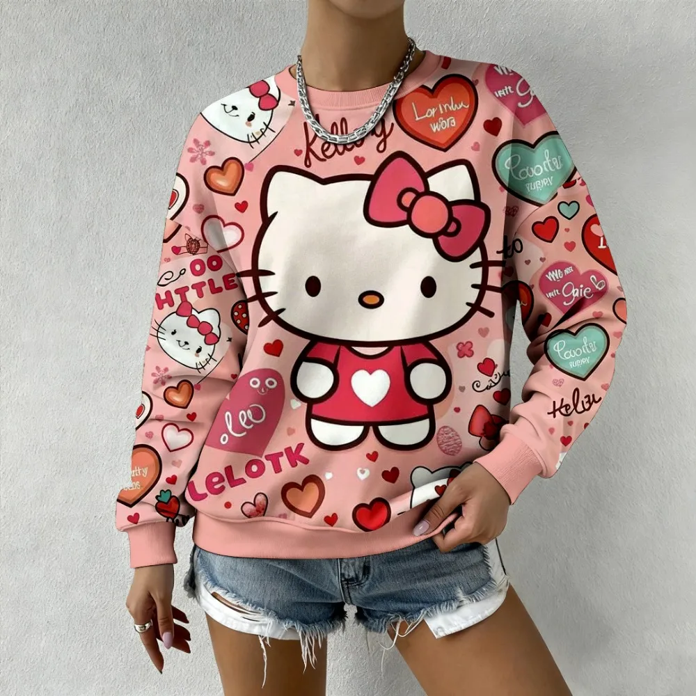 

Круглая толстовка с принтом Hello Kitty Love, женская милая модная свободная толстовка с капюшоном, повседневная повседневная одежда, уличная одежда, пуловеры, зимняя одежда