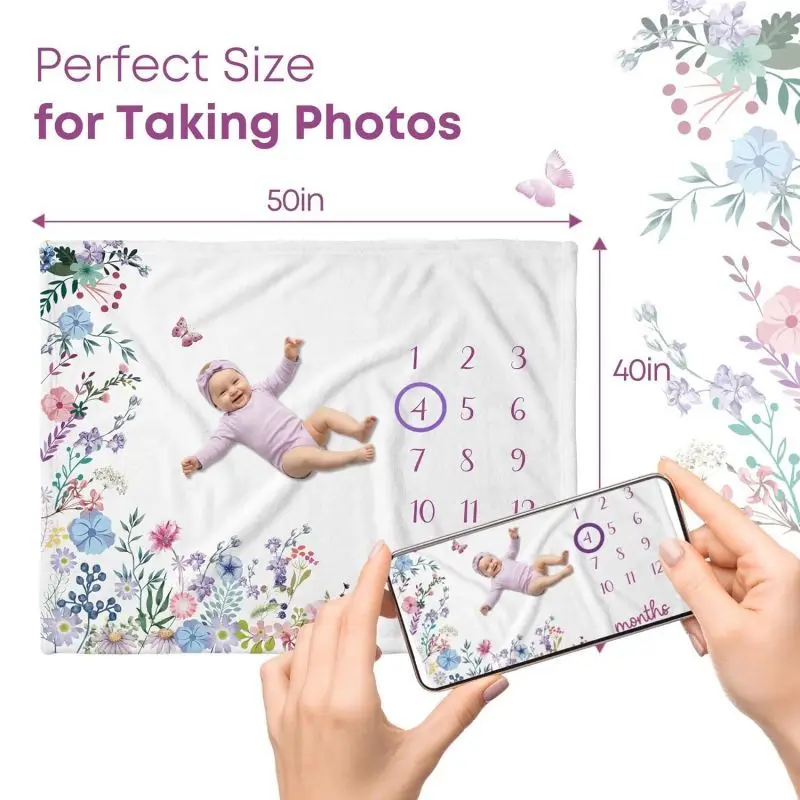 VIKAMA Watercolor Wildflower Baby Milestone Blanket, Floral Butterfly Print Newborn Photo Mat for Girls Nursery Decor