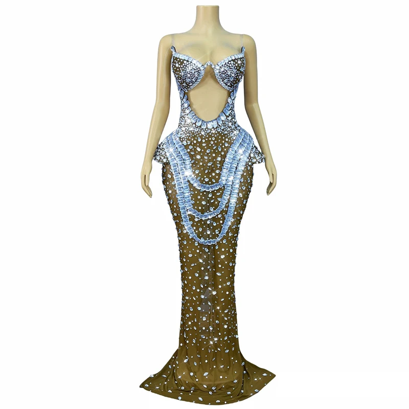 Sukienka z pełnymi zdobieniami z kryształków, strój dla piosenkarki, wieczorowa, na imprezę w klubie nocnym, festiwal, sukienki sceniczne, na wybieg, XS10259