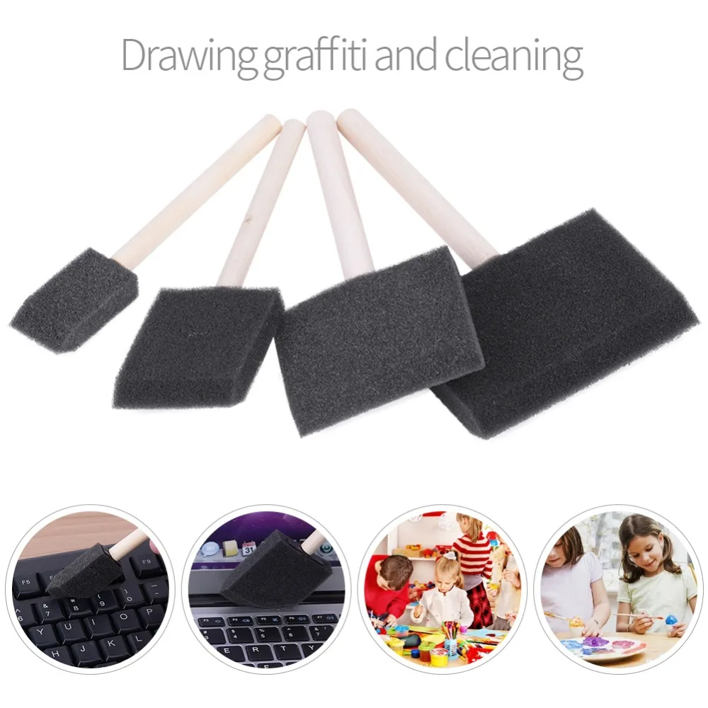 4PCS Practical Black Foam Sponge Brush Wooden Handle Soft Multi-Purpose Brush Dust Cleaning Foam Brush Handmade DIY Work