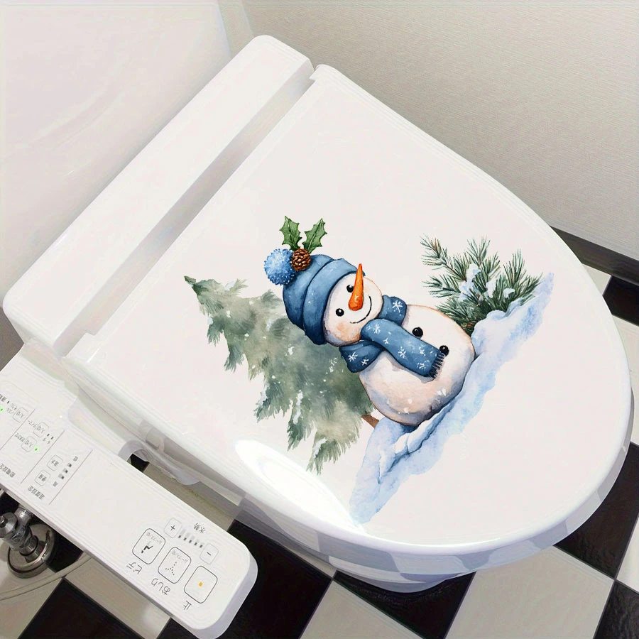 1pc Cute Christmas Snowman Toilet Lid Sticker Bathroom PVC Decoration For Bedroom Living Room Bathroom Decoration Toilet Sticker