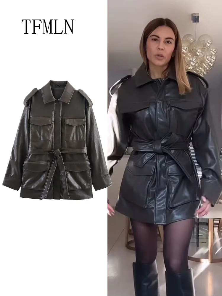 

Fashion Women Faux Leather Jackets With Belt 2025 Autumn Winter Causal Lapel Zipper Loose Chic Coat High Street Long Sleeve Top