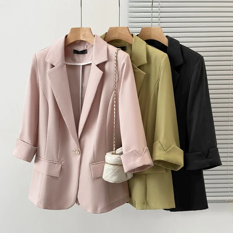 

2024 Spring and Autumn Plus Size Women's Simple Suit Slimming Three-quarter Sleeve Jacket One-button Solid Loose Lady Blazer Top