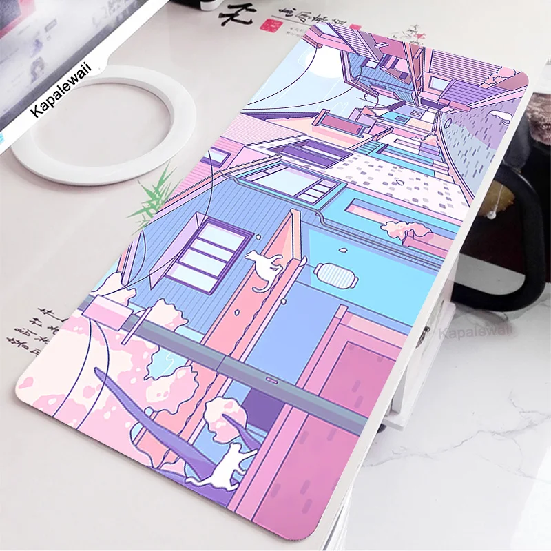 

Pink Cat Desk Mat Cute Mousepad Gamer Japanese City Steet Mouse Pad XXL Gaming Accessories Deskmat 900x400 Kawaii Manga Mice Mat