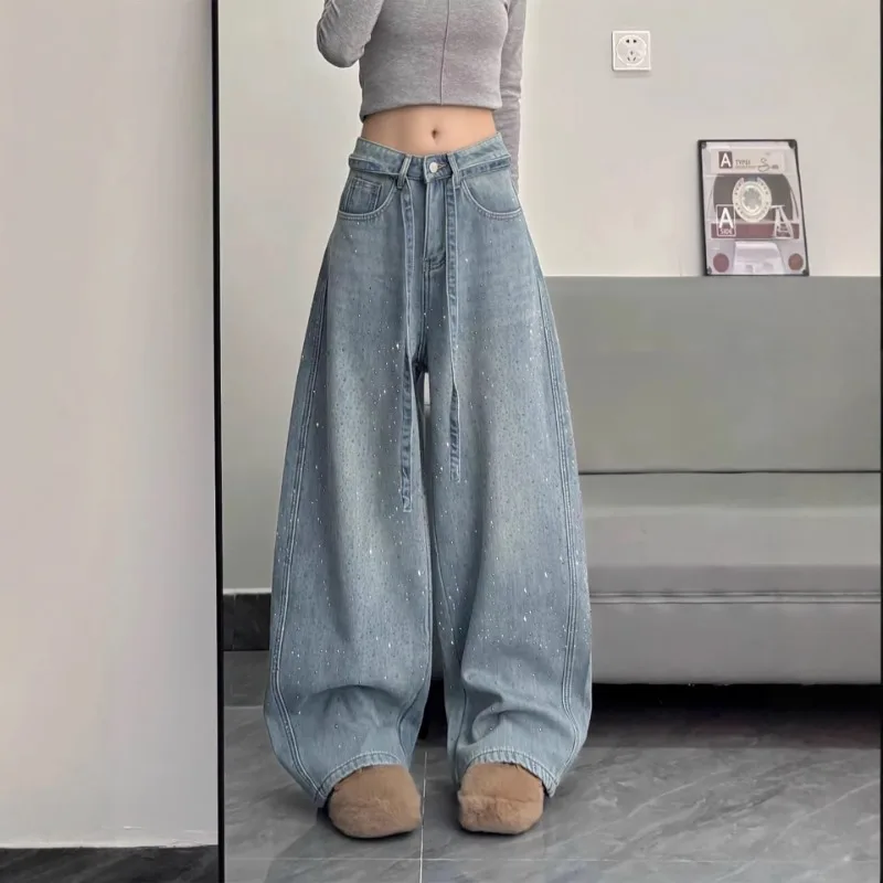 

Fashion Leisure Glittering Denim Jeans Women's Loose Wide Leg Pants High Waist Trousers Casual Wear Winter Women Pants
