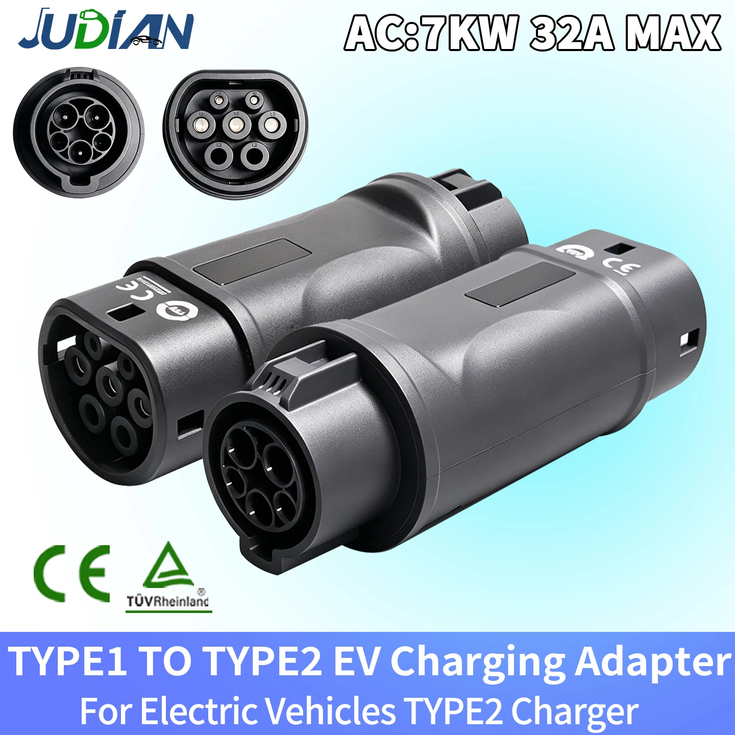 32A Type1 to Type2 EV Charging Adapter, SAE J1772 Type‑1 to IEC 62196 Type‑2 Electric Vehicle Charger Connector AC for EV Cars