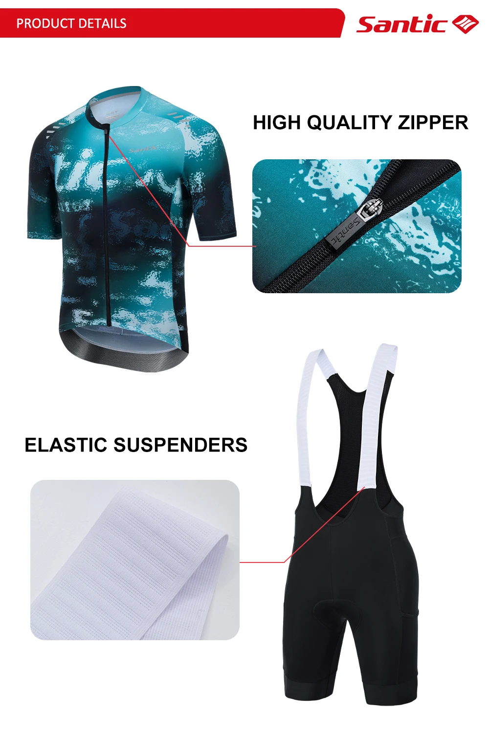 Santic Herren Sommer Kurzarm-Radtrikot mit Trägerhose Set Atmungsaktive Schnelltrocknende Rennrad-Fahrradbekleidung KM26CT105 – Detail 4