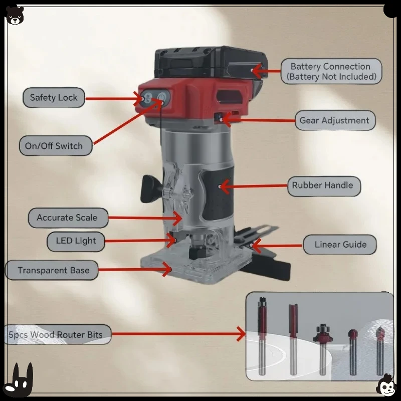 800W 30000RPM Brushless Electric Trimmer  Cordless Compact Router 5-Speed Woodworking Trimming Machine For Milwaukee Battery