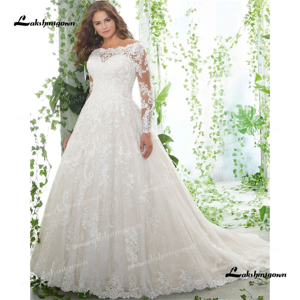 

Lakshmigown Boat Neck A Line Wedding Dress 2025 Lace Long Sleeves Chapel Train Wedding Gownvestidos de novia de talla grandevest