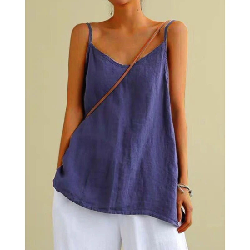 Damen Sommer-Top aus Baumwolle und Leinen, Spaghettiträger-Top, Damen Neckholder mit V-Ausschnitt, Einfarbiges Ärmelloses Tanktop, Locker Sitzendes Casual-Cami – Detail 8