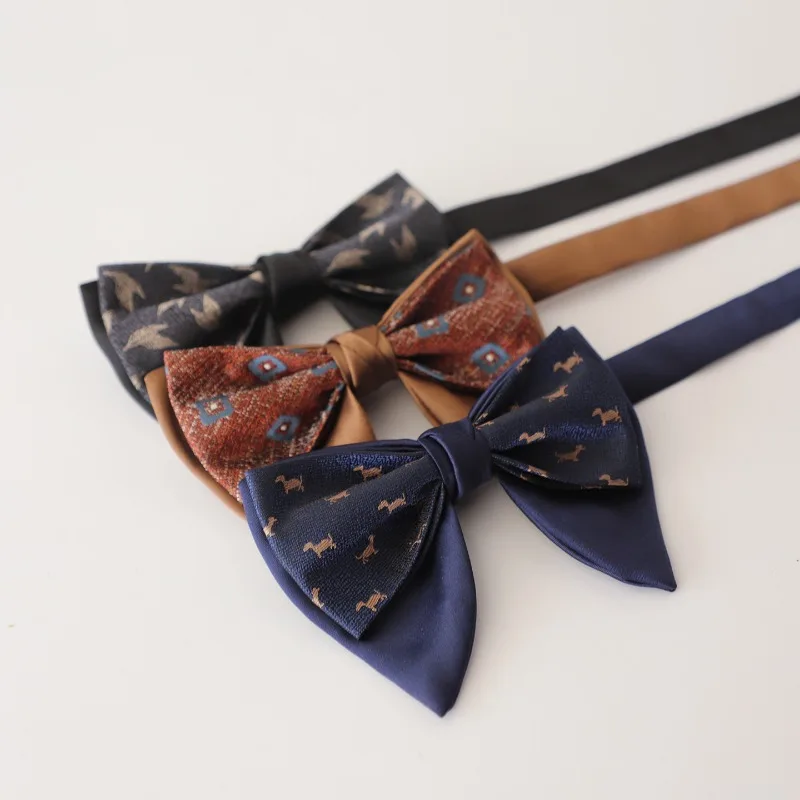 Unique Vintage Color Block Bull Horn Shaped Bow Tie For Men Double Layer Spliced Design Bowtie, Elegant Formal Accessory Present
