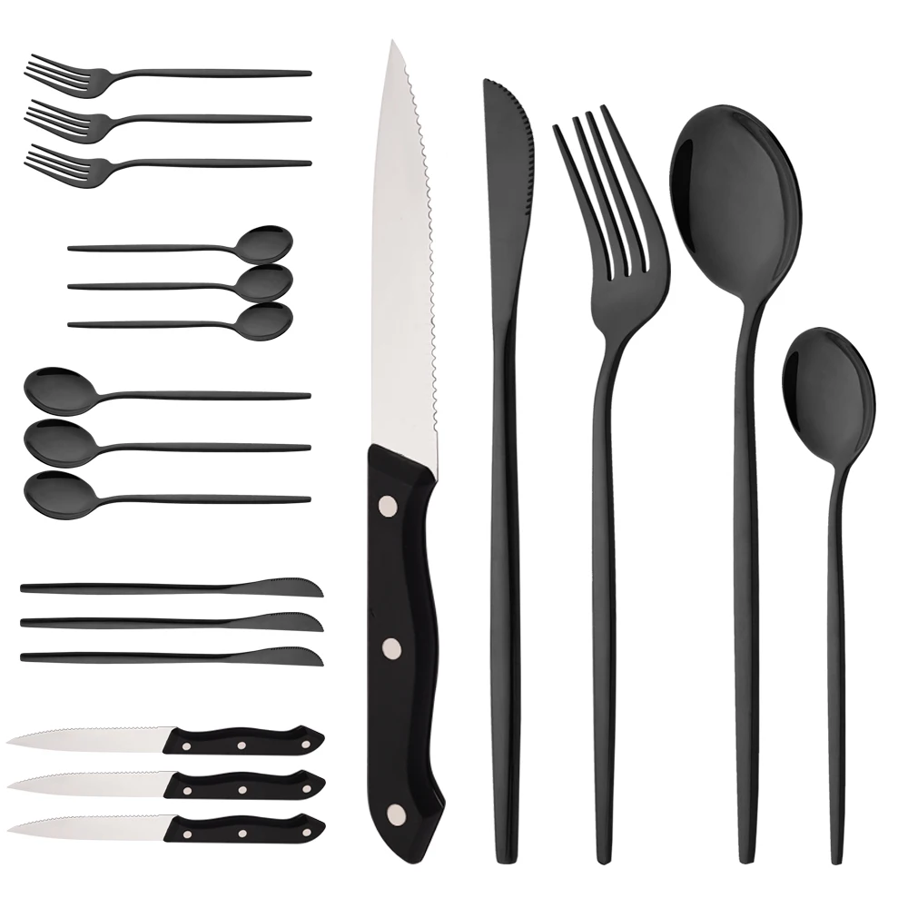 

20Pcs Dinnerware Set Stainless Steel Tableware Mirror Dinner Black Cutlery Set Steak Knife Fruit Fork Spoon Flatware Kitchen Set