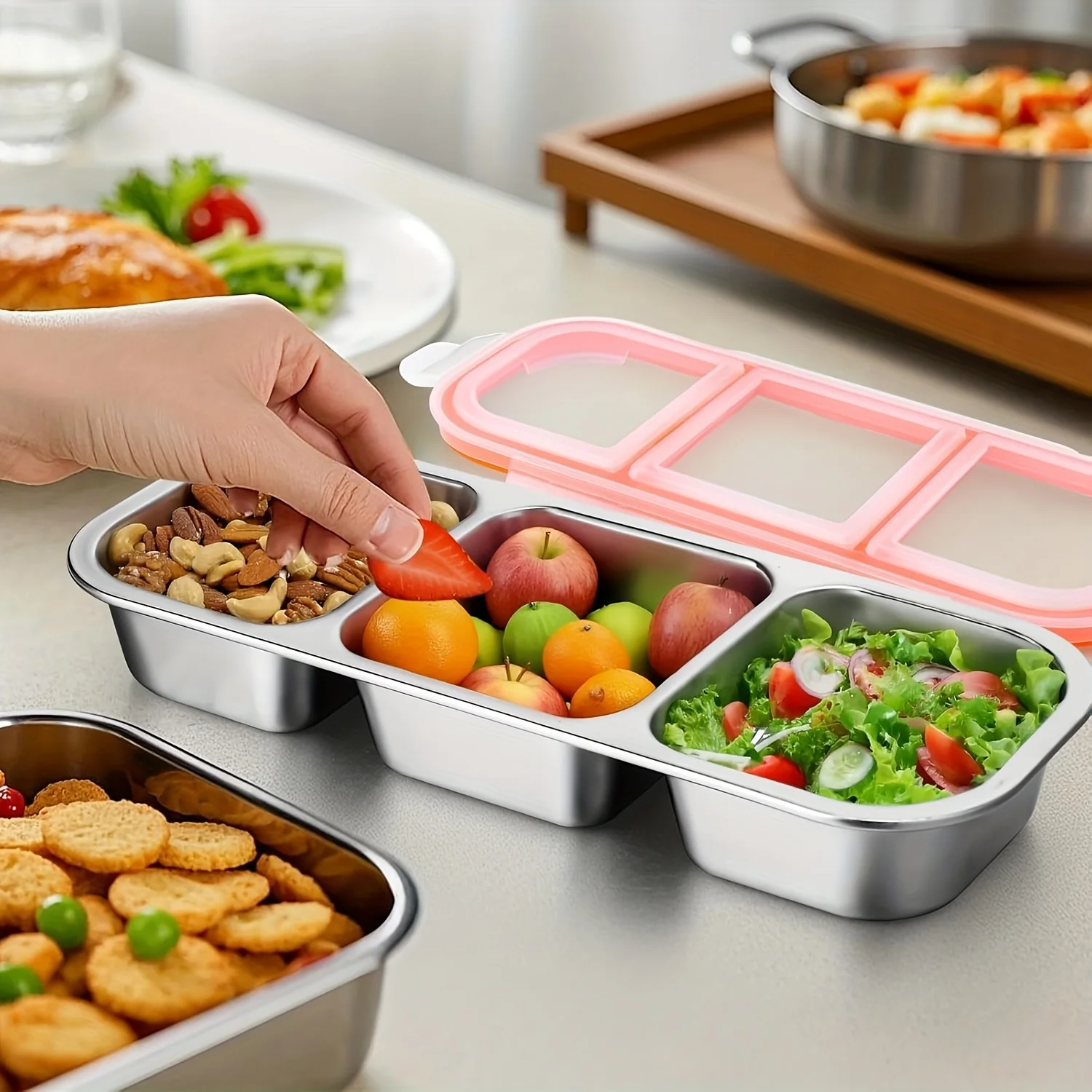 Edelstahl-Snackbehälter - Geteilter Lebensmittel-Aufbewahrungsbehälter mit Klappdeckel |   Kühlschrank-Organizer, Aufbewahrungsbehälter für den Kühlschrank