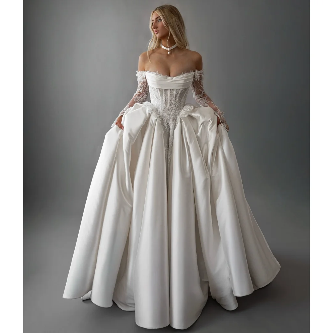 

Long Sleeves Wedding Dresses Lace Bodice Vestido de Novia Retro Wedding Party Dress Satin Over Skirt Vestidos Customized