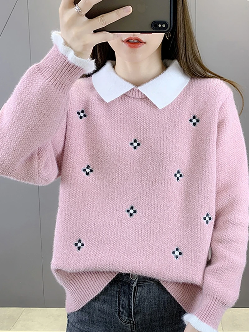 

Thiened Fce Warm Collar Knitted Sweater Women's Sle Autumn Winter New Arrival Laid-ba Faion Student Base irt