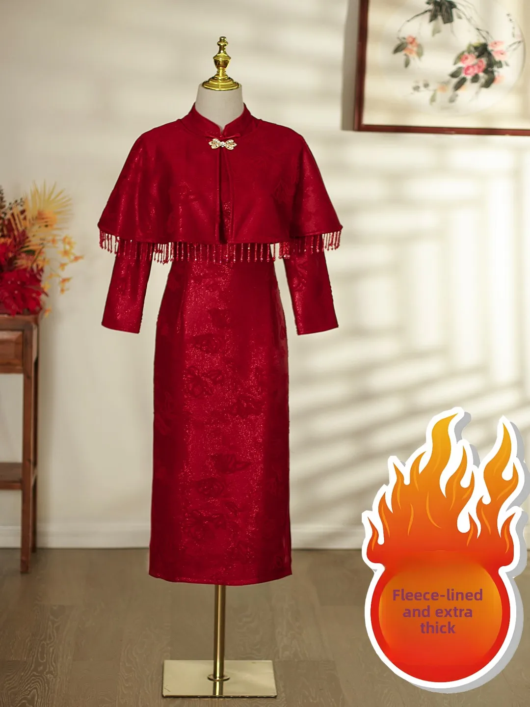 

Red Long Sve Floed And Thiened Wedding with Tassel for Mother of the Bride Mid-Length Vintage Sle Warmth W...