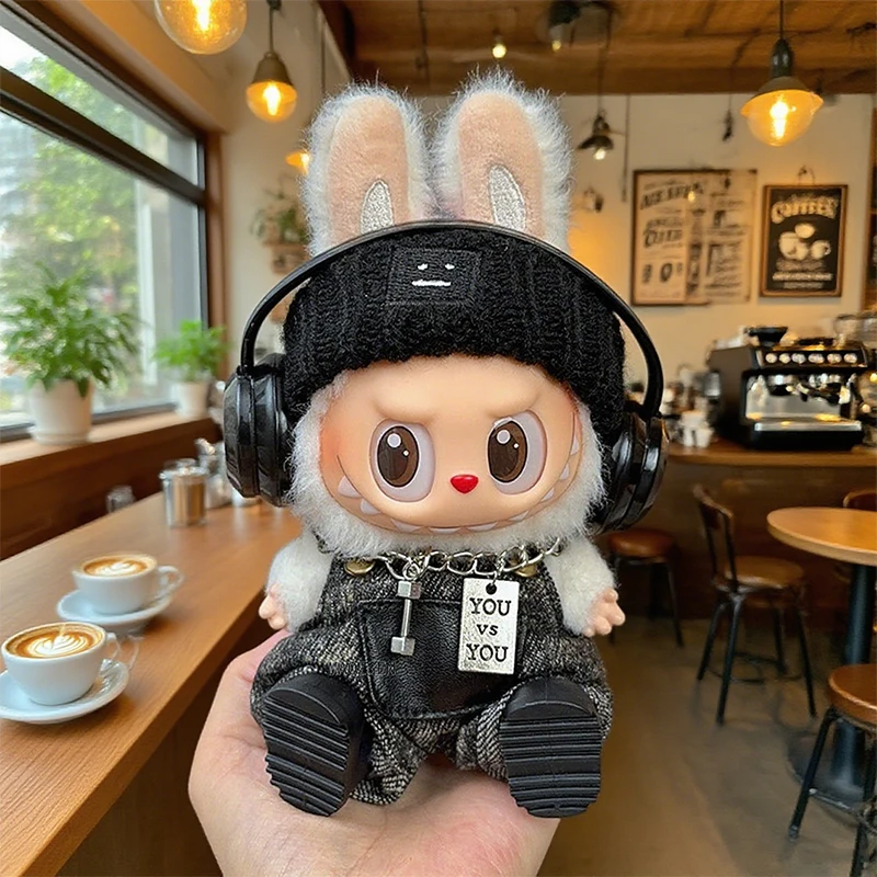Clothes For Labubu Doll Trendy Street Fashion 5-Piece Set Suspender Pants Dress up Hair Band Earphones Necklace Shoes for Kids