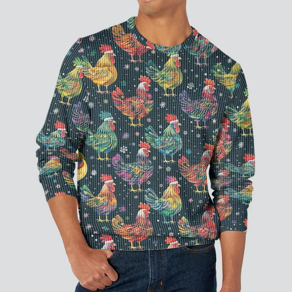 Festive Rooster Print Pullover Winter Long Sleeve Round Neck Sweatshirt Men's Casual Hoodie Hip Hop Streetwear Punk Holiday Tops