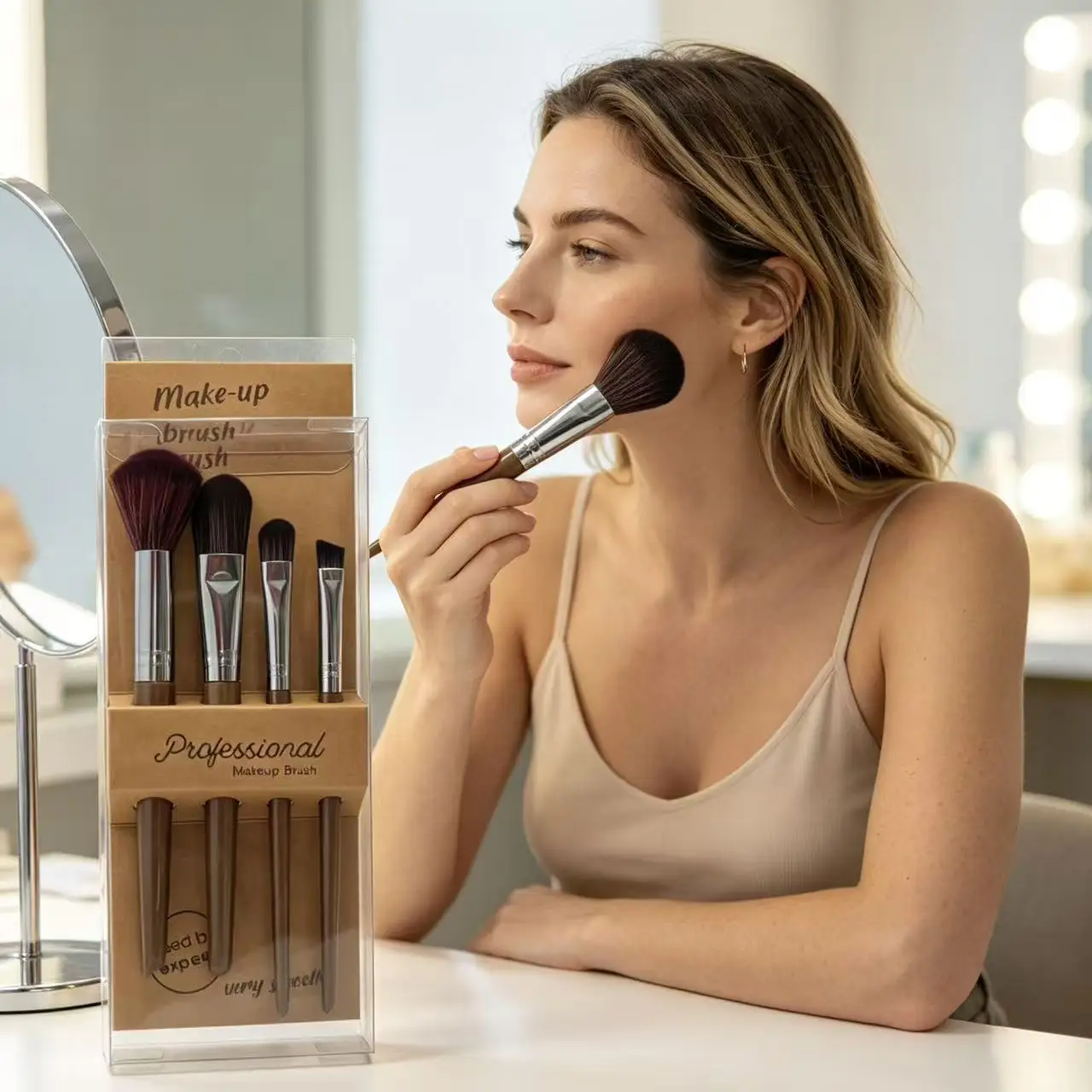 A set of 4 professional makeup brushes, featuring retro wooden handles paired with silver brush barrels.