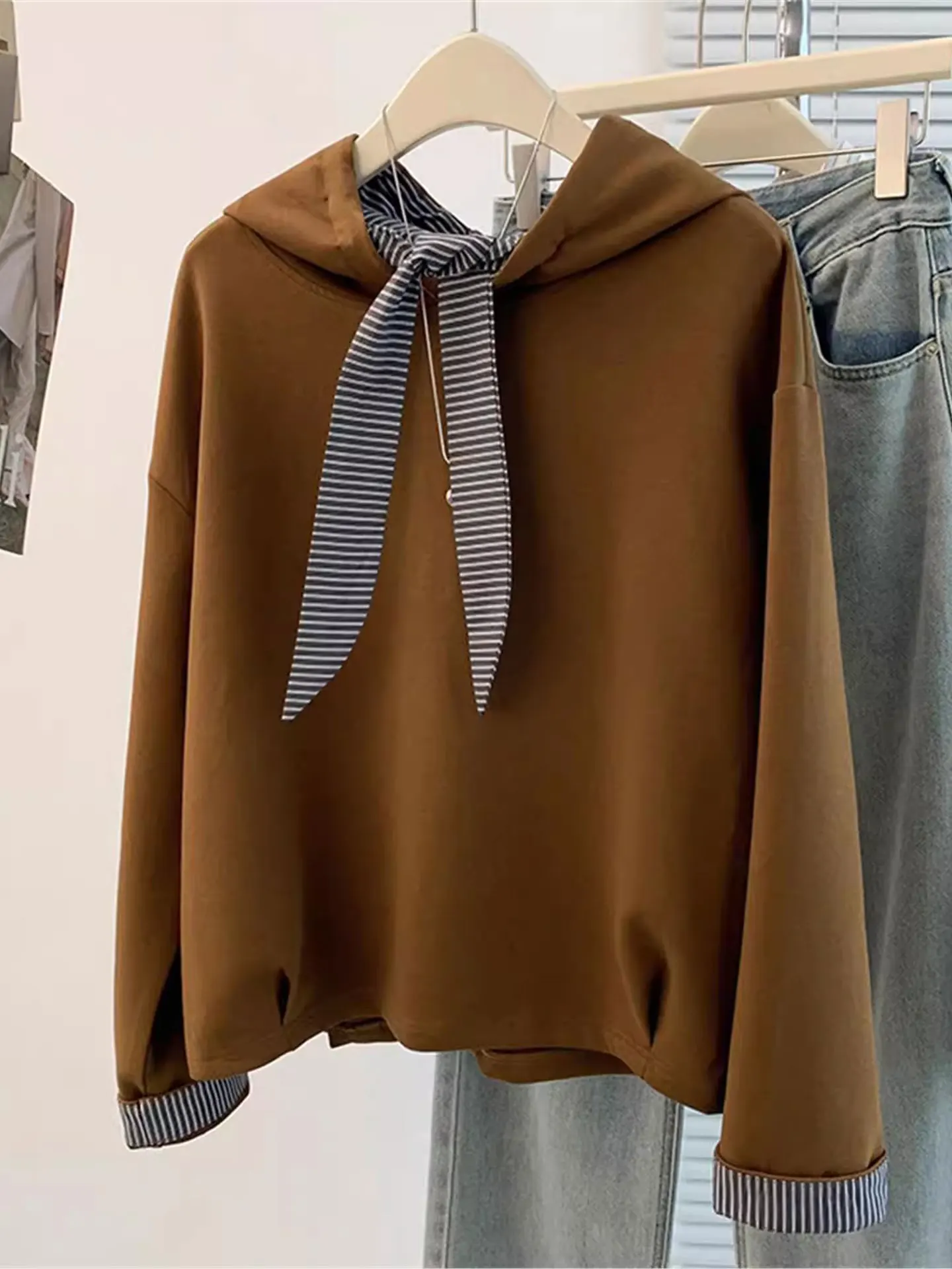 

Ce коричневый длинный свитшот с капюшоном, женский свободный свитер больших размеров, супер утягивающий простой одинаковый модный топ на осень-зиму