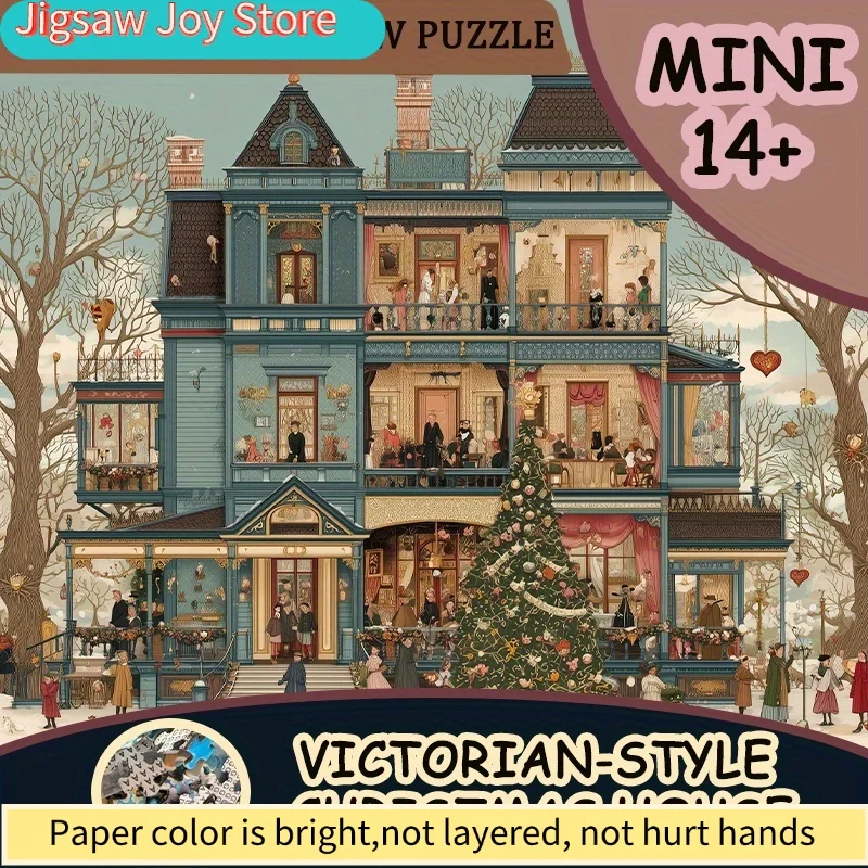 1 boîte de mini puzzles en papier pour adultes : « Maison de Noël de style victorien » ou jeux et activités de fête adaptés aux jeux de société et aux événements festifs