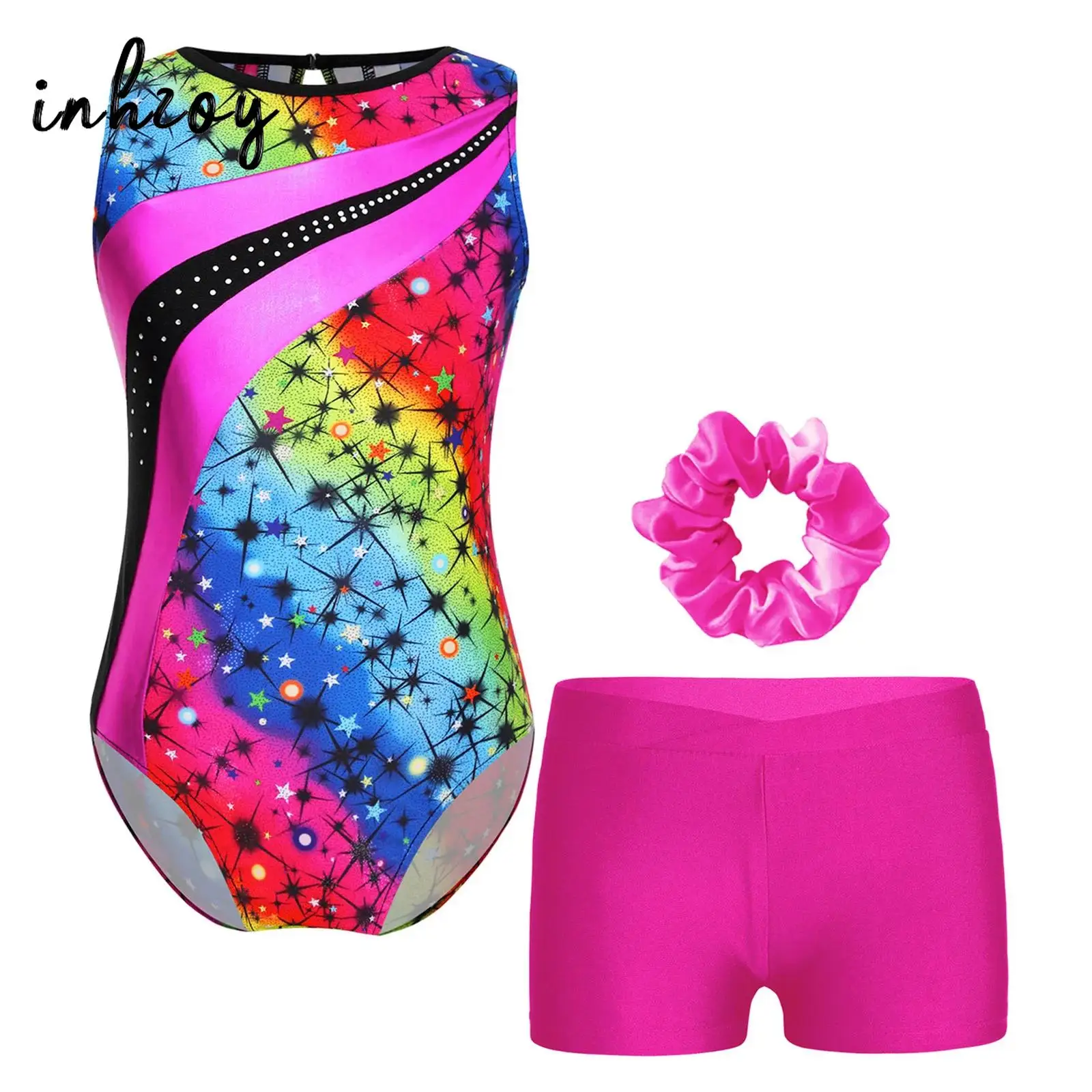 Kids Girls Ballet Dance Gymnastics Leotards Sleeveless Print Workout Bodysuit Figure Skating Outfit with Shorts and Scrunchie