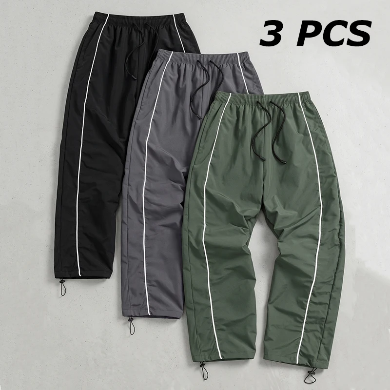 3点セット-メンズ-トレンド-スポーティパンツ-ライン入り-ジム-ワークアウト-ランニングパンツ-サイドポケット付き-アスレチック-速乾性-スウェットパンツ