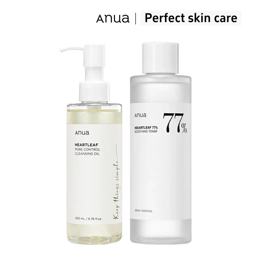 Anua Skincare Products Set Heartleaf Akne Toner 77 250 ml und Makeup Pore Control Cleansing Oil 200 ml Glow Recept Hautpflege-Sets