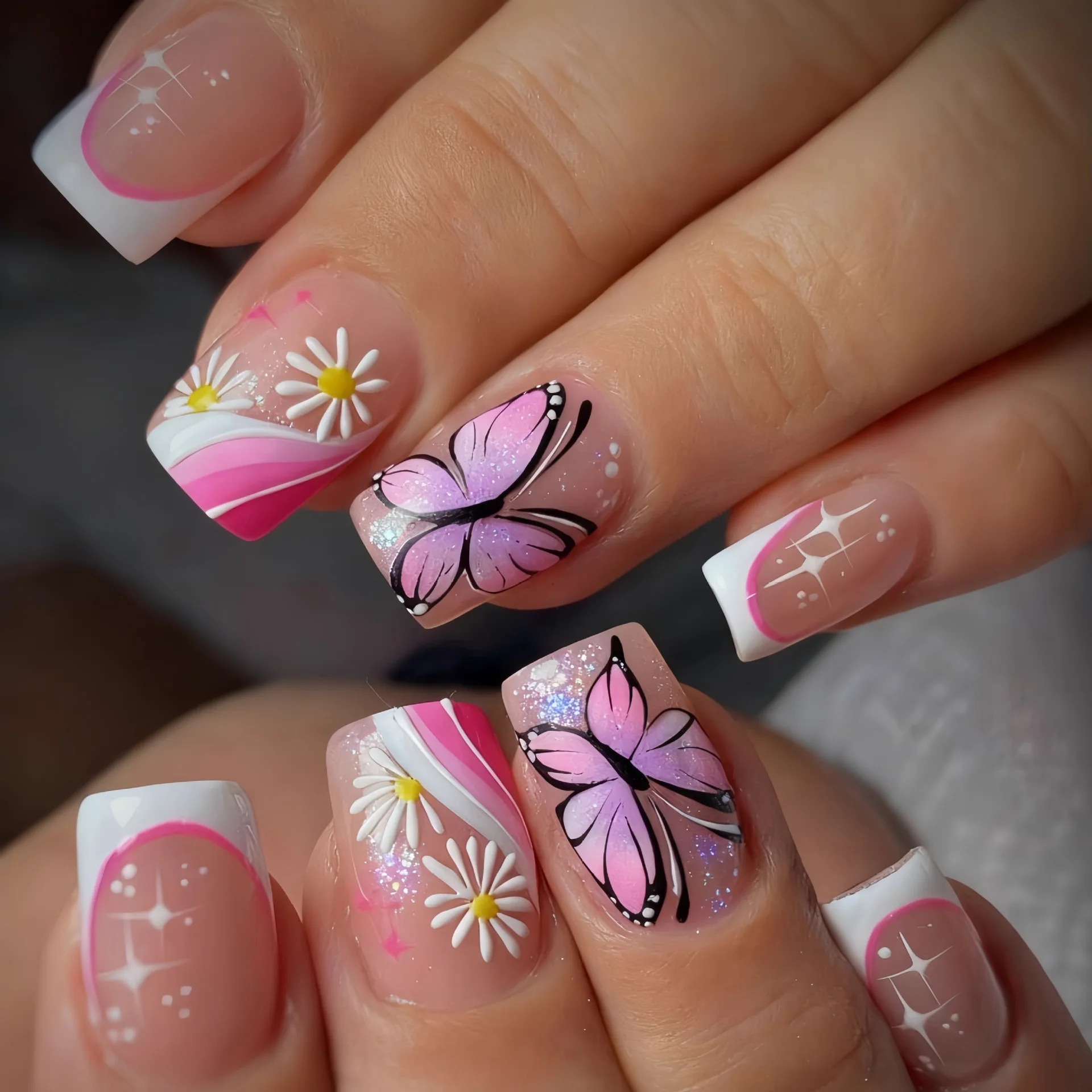Medium Square fake nails for women girls Flowers butterfly flora design with white french edge tips press on false nail art set