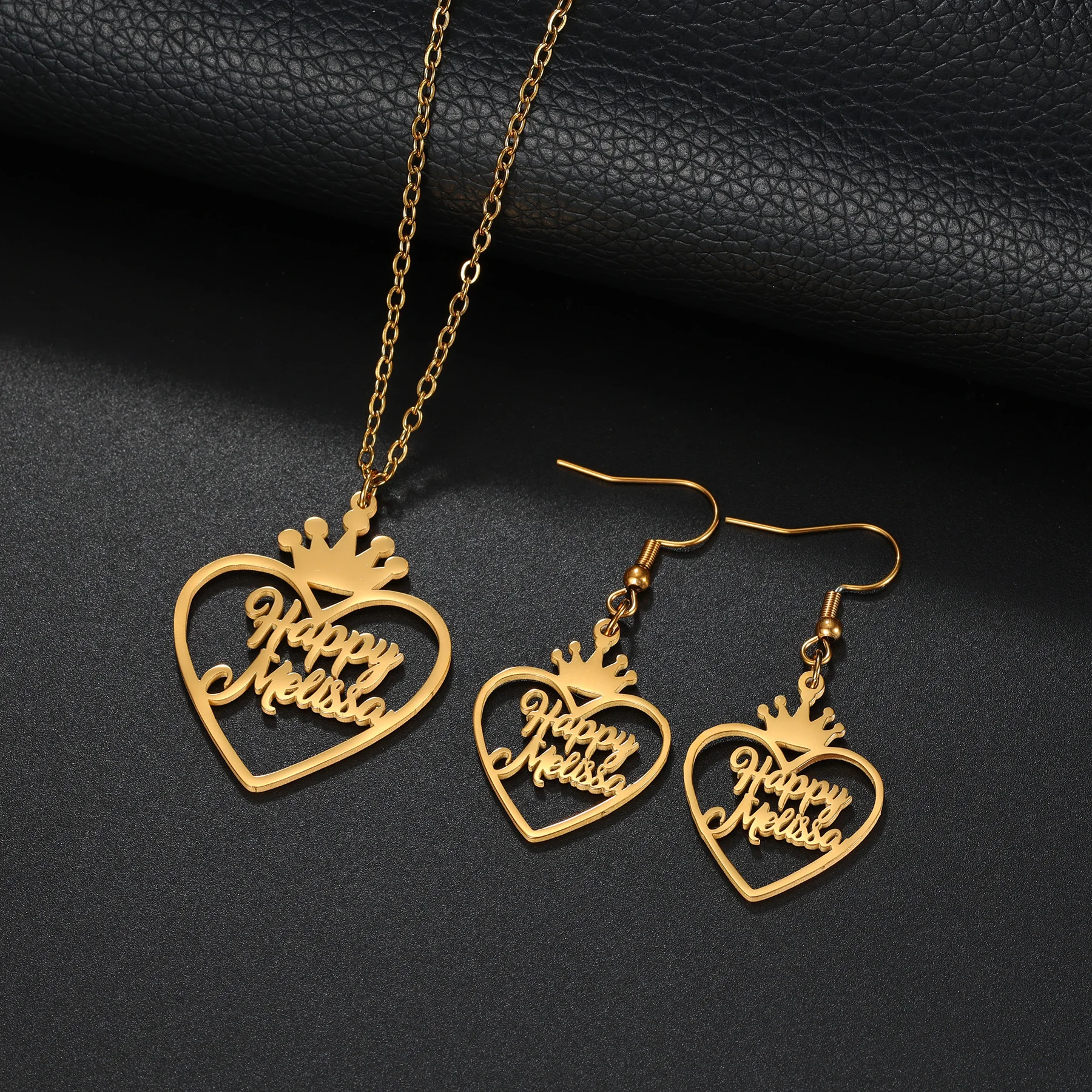 

Acheerup Personalized Name Necklace Earrings for Women Stainless Steel Metal Crown Heart Pendant Chain Jewelry Set Birthday Gift