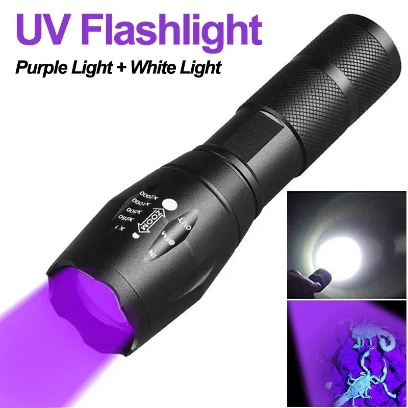 Linterna recargable USB F5 con fuentes de luz duales, luz blanca de 395nm, luz ultravioleta, linterna para acampar y pescar al aire libre