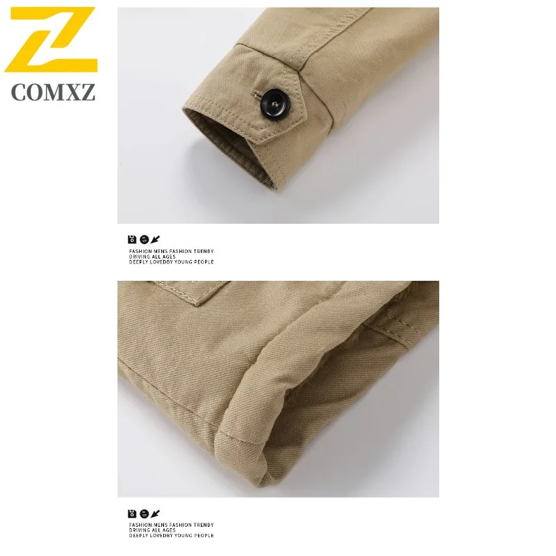 COMXZ 2024 Mens Plus Size Cotton Fleece Workwear American Style Jacket Long Coat Waterproof And Windproof Multi Pocket