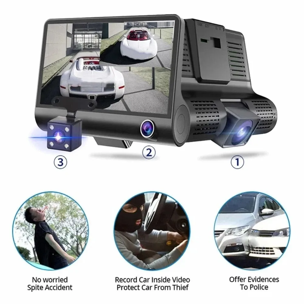 Three Lenses Car Driving Tachograph Front Rear Inside Wide Angle 24H Parking Recorder Simultaneously Recording Night Vision