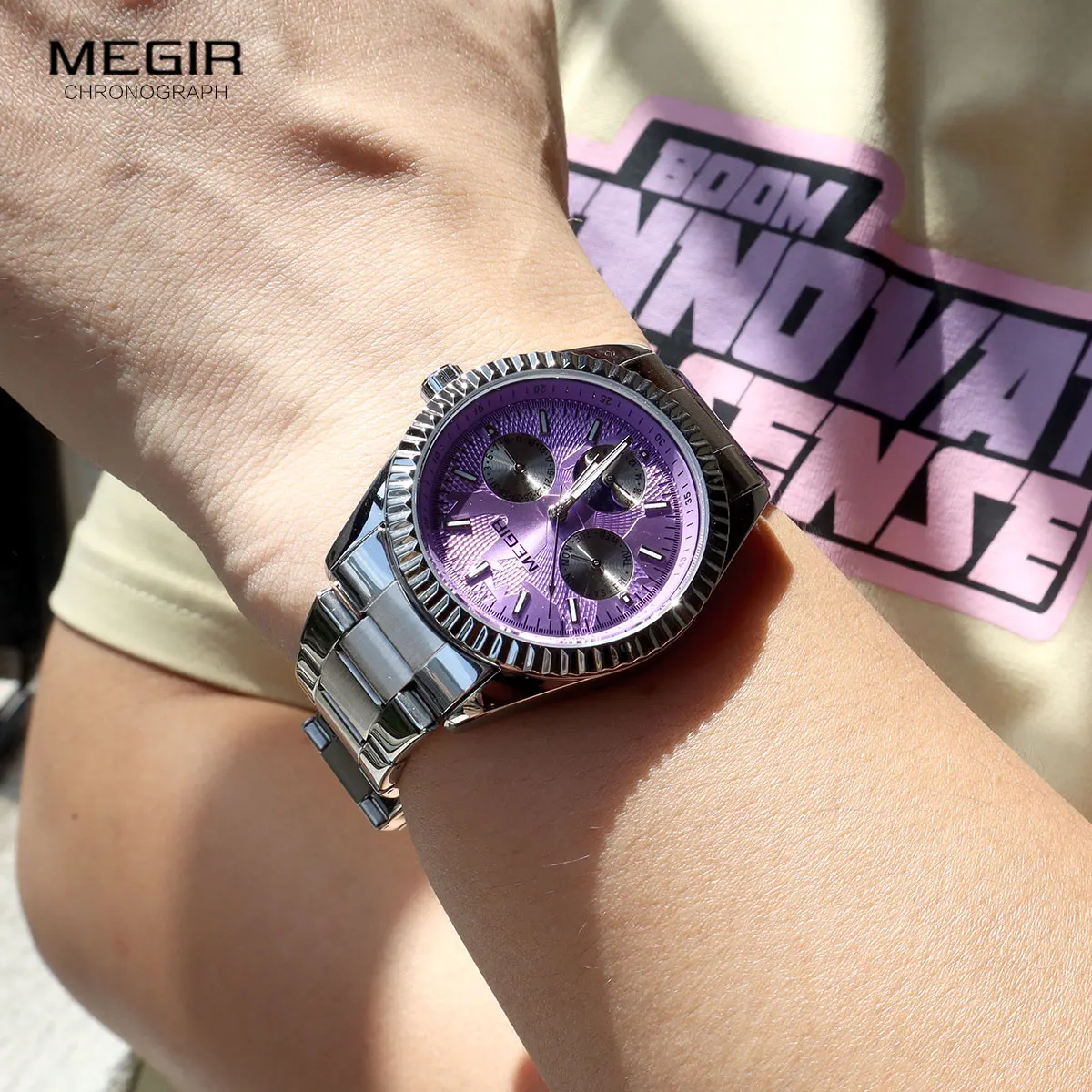 스테인레스 스틸 스트랩이 있는 MEGIR 남성용 쿼츠 시계 데이 날짜 24시간 달의 위상 기능이 있는 패션 비즈니스 스타일 손목시계