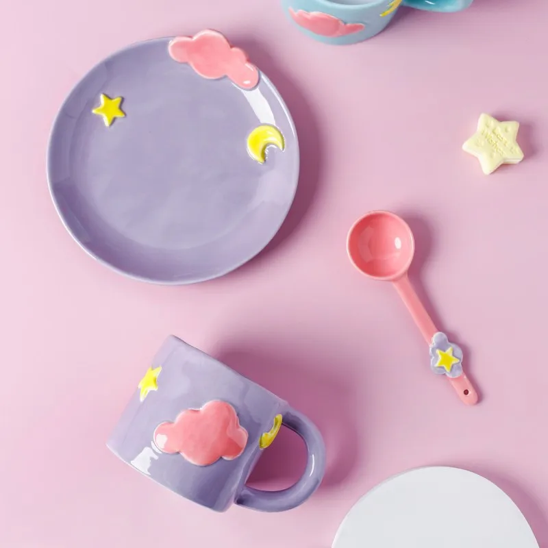 Cute Star Moon Cloud Coffee Mug for Kids, Coffee Cup, Spoon Set, Japanese Style, Fairy Ceramic Snack Plate, Girl Gift, 400ml