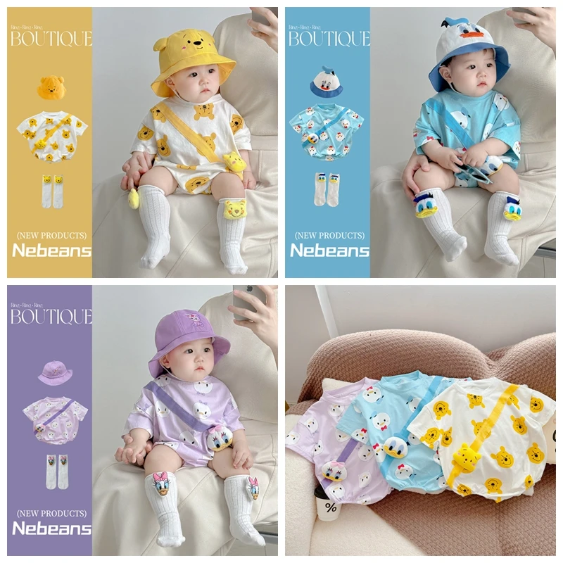 Newborn Baby Romper+Sock+Hat 3 Pcs Set Boy Girl Cartoon Winnie Pooh Donald Daisy Duck Print Cotton Jumpsuit Infant Bodysuit 0-2T