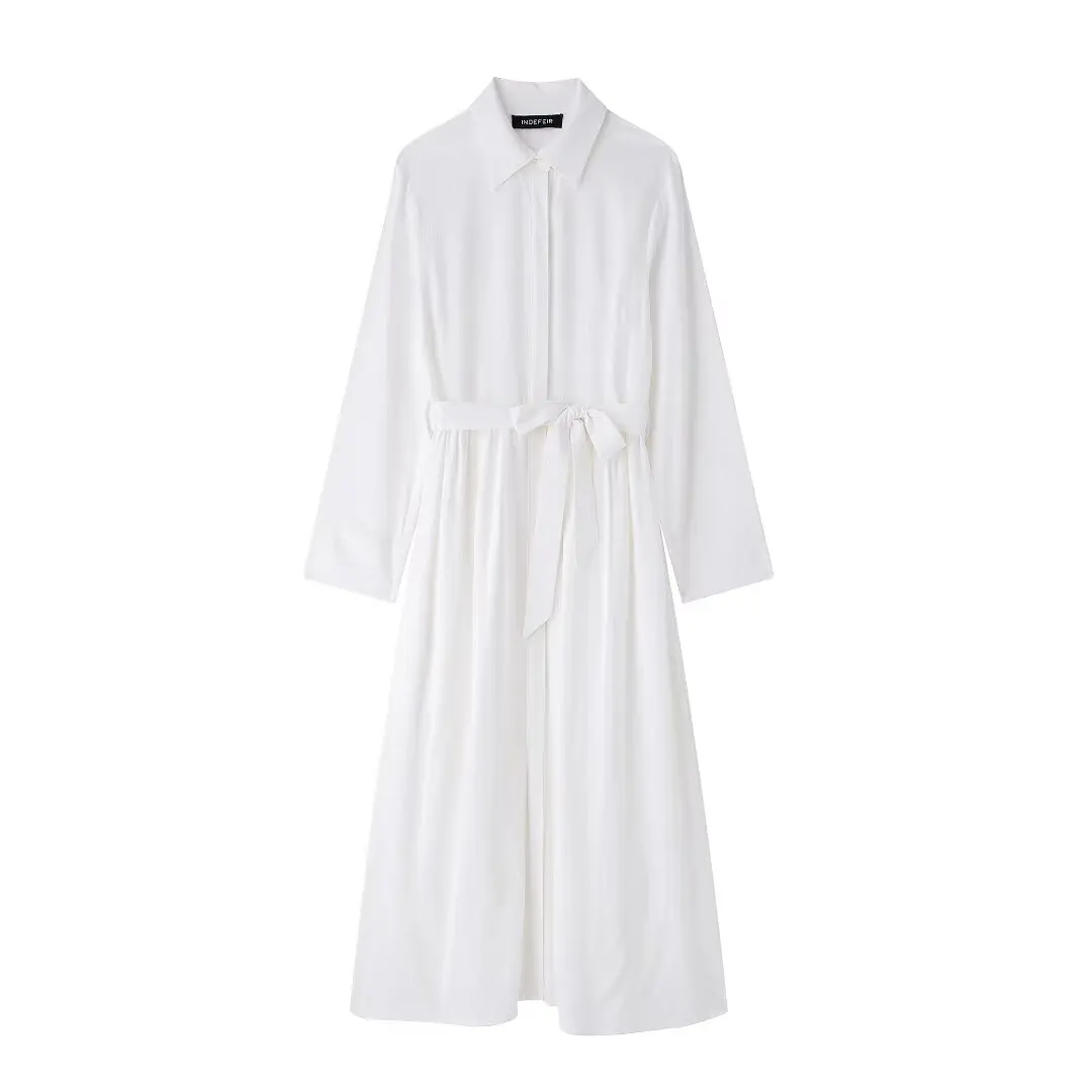 

TRAFZA Spring Female New Turn Down Collar Long Sleeve White Shirt Style Midi Dress Women Single Breasted Belt Long Dress Mujer