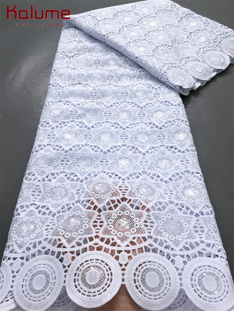 White African Guipure Cord Lace Fabric with Sequins 2025 High Quality Nigerian Guipure Cord Lace for Sewing Wedding Dress F4025