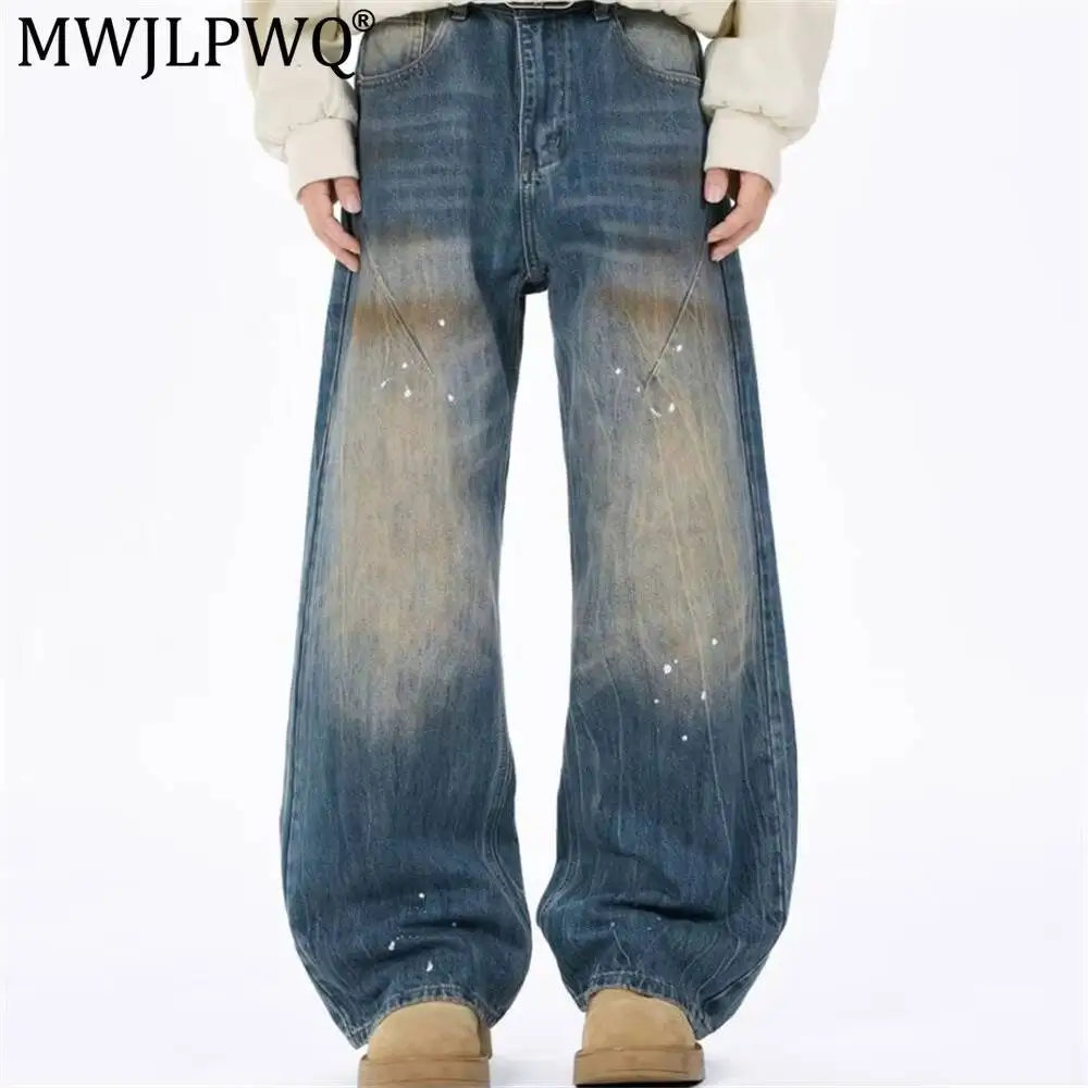 MWJLPWQ Distressed Vintage Wide-Leg Jeans Men's Retro Punk Street Style Paint Splatter Dirty Wash Loose Straight-Leg Pants 20129
