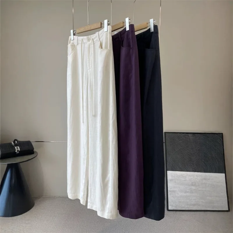 Lyocell Linen Blend Draped Curved Drawstring Casual Pants
