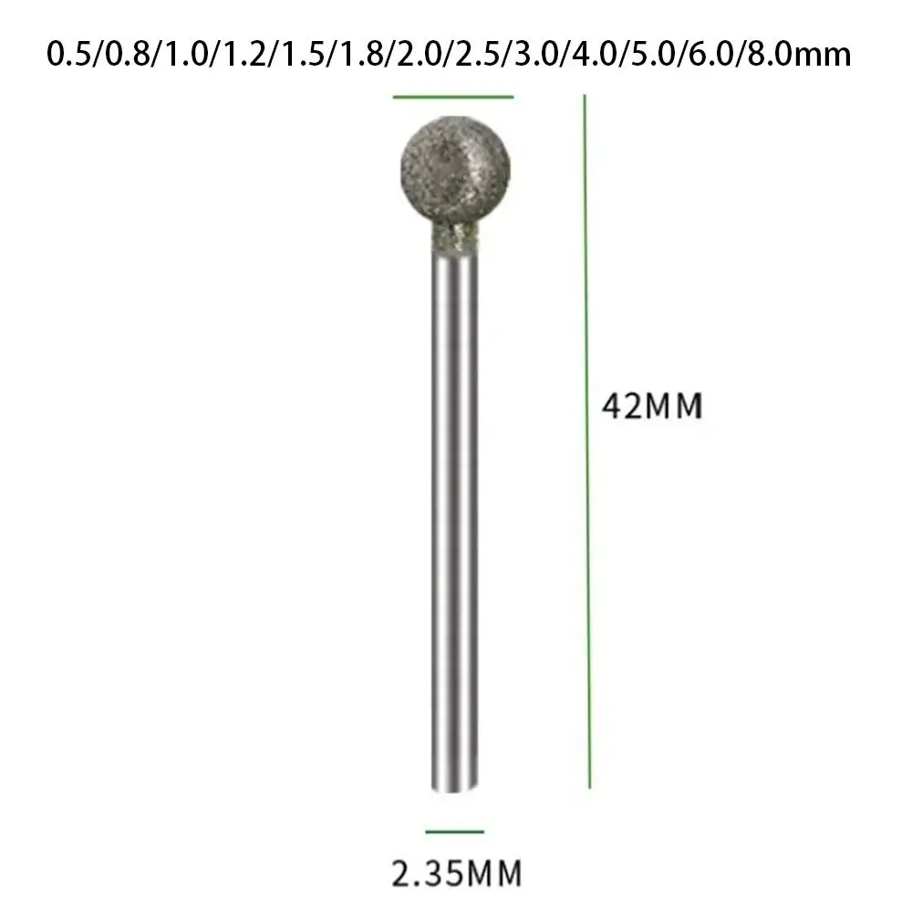 5 pezzi Carve Precision Diamond Grinding Head 0.5mm-8mm Round Electric Grinder Parts 2.35mm Shank Carving Tool