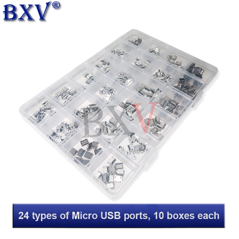 24Kinds Micro Usb Box Mini Mobile Phone Charging Accessories Connector Socket Jack MP3/4/5Pin 240PCS/Set