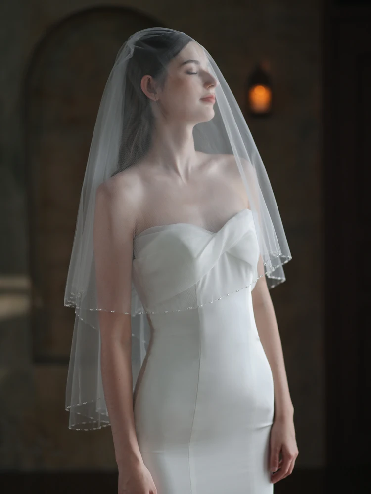 FATAPAESE In Stock Circle Cut - Two Tier Pearl Beaded Edge Wedding Veil w/Silver Accents - Pearl Bridal Veils - Sparking Beaded