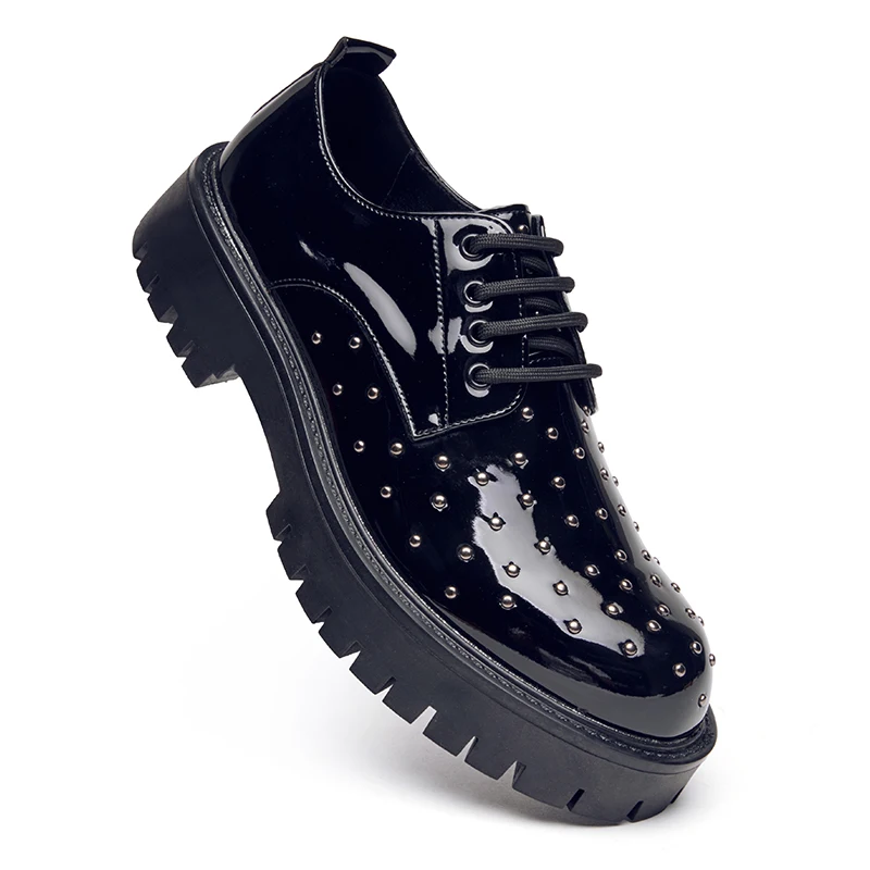 

5cm Thick Sole Leather Rivet Designer Shoes Men Streetwear Fashion Punk Big Toe Height Increase Business Casual Derby Shoes
