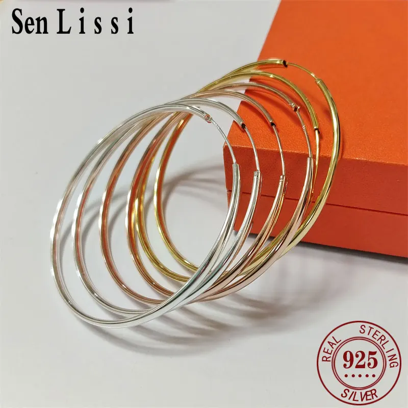 Senlissi - New Rose 585 Plated 925 Sterling Silver Women\'s Hoop Earrings 3.0mm Fashion Earring 18K Gold Cерьги Kольца 70 80 90MM