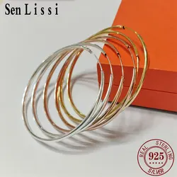 Senlissi - New Rose 585 Banhado a 925 Sterling Silver Mulheres Brincos de Argola 3.0mm Moda Brinco 18K Ouro Cерьги Kольца 70 80 90MM