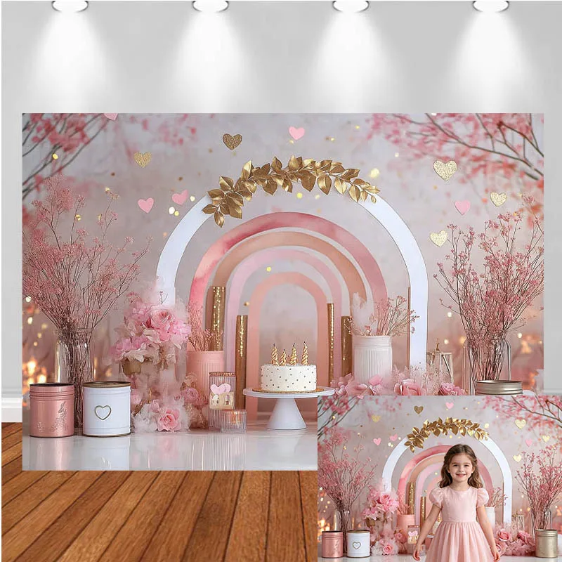 LS Photography Backdrop Pink Princess Arch Floral Decor Birthday Cake Smash Baby Shower Kids Portrait Photo Background Studio
