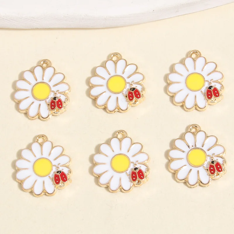 10pcs Gold Color 18x16mm Cute Flower Ladybug Charms Enamel Pendant Fit Necklaces Earrings Jewelry Making Handcrafted Accessories