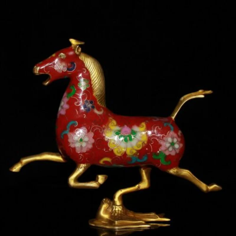 R China Copper Cloisonne Enamel Handmade Exquisite horse stepped swallow Statues