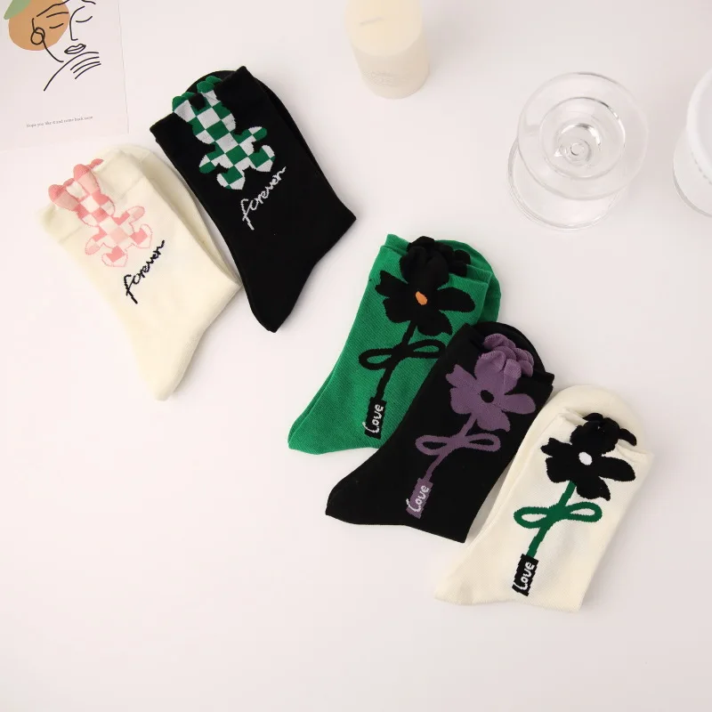 Women's Socks Cotton Spring And Autumn Trendy Harajuku Mid Calf Meias Bow Flower Checkerboard Rabbit Sock Cute Funny Fashionable